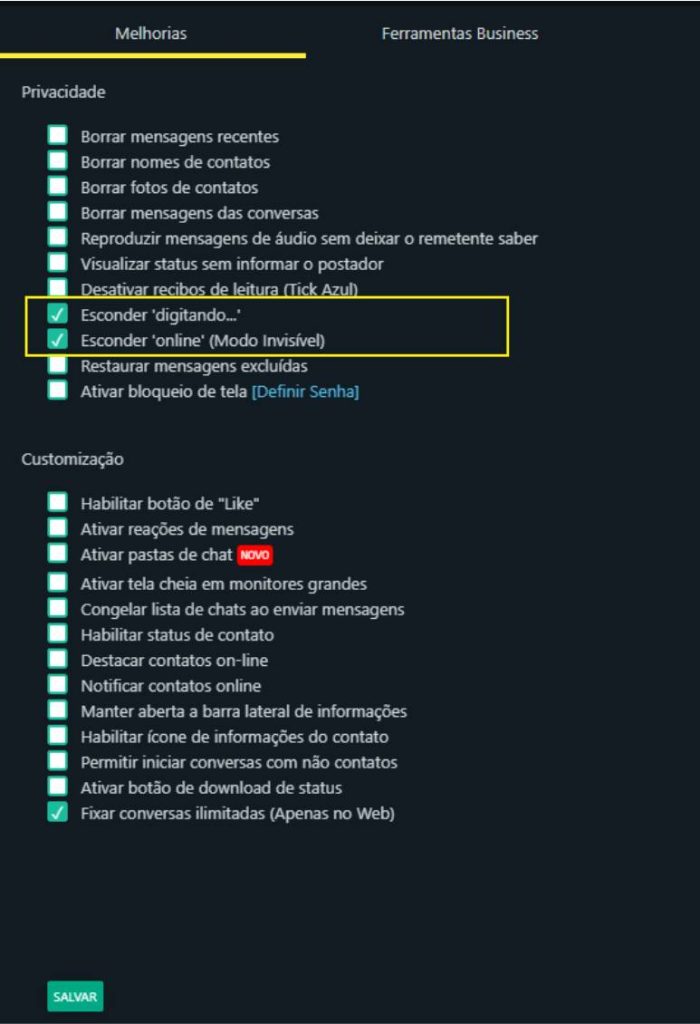 tela da extensão do chrome whatsapp